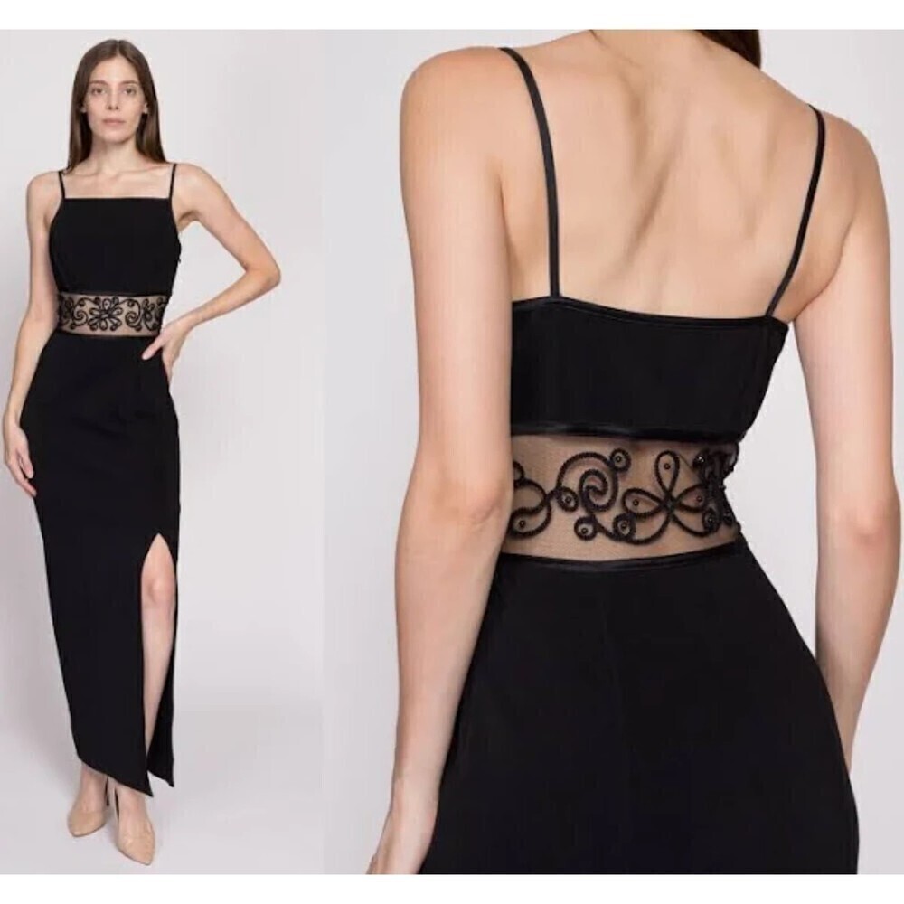 BARI JAY Vintage 1990s Black Sheer Panel Stretch Sleeveless Maxi Dress 9 / 10